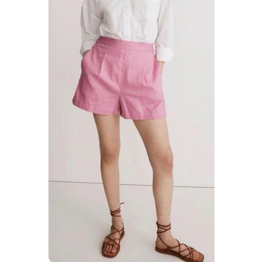 Madewell Pink 100% Linen Pull On Pleated Shorts XL High Rise Relaxed Fit Pockets
